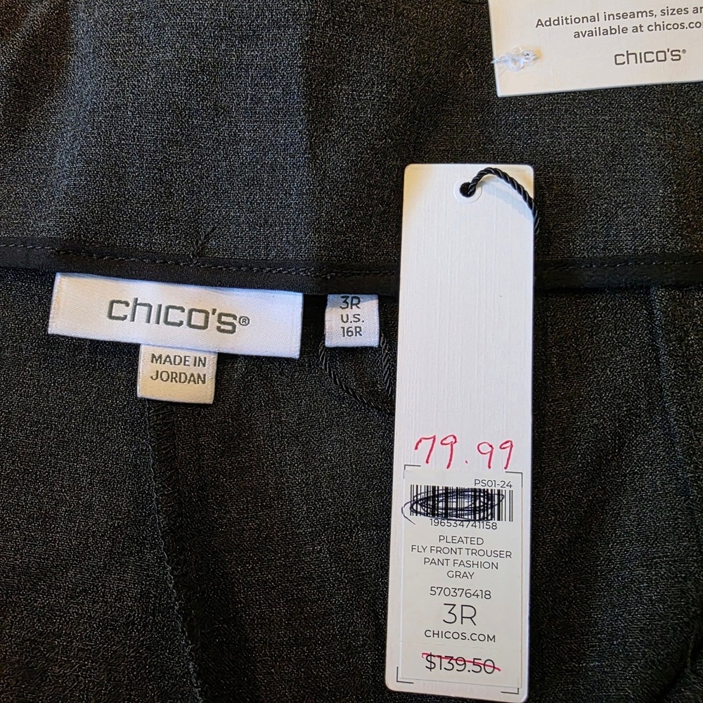 Chicos Pleated Fly Front Trouser Pant Fashion Gray Wide Leg Size 3R US 16R NEW - Picture 3 of 11